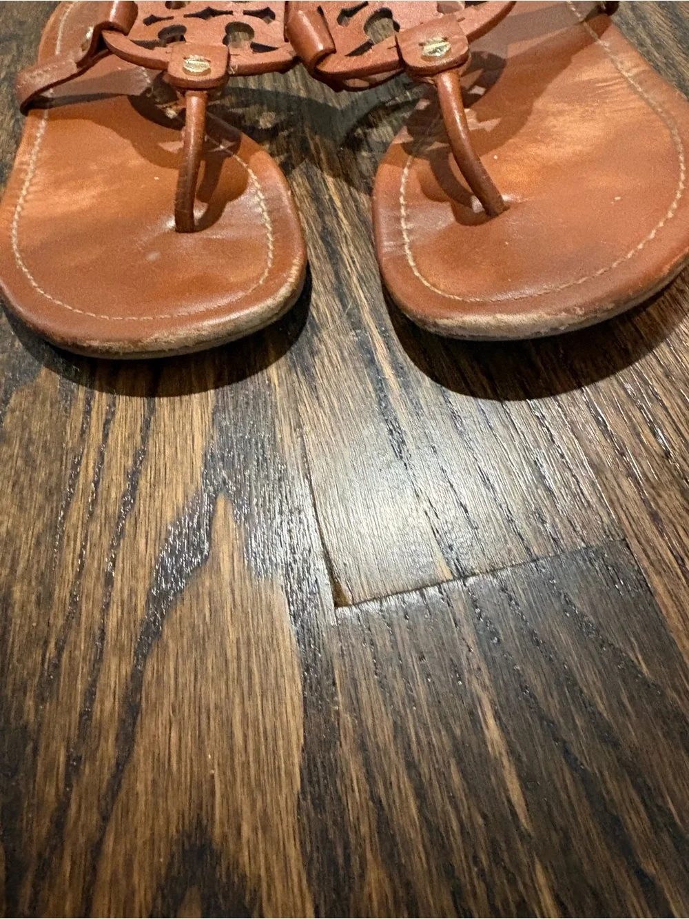 Tory Burch Cognac Leather Logo Thong Sandals